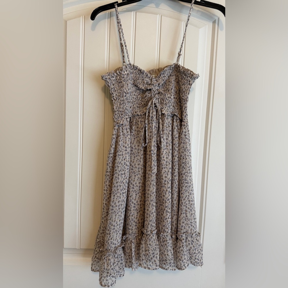 Dress Forum Cream Floral Smocked Mini Dress with Blue Print